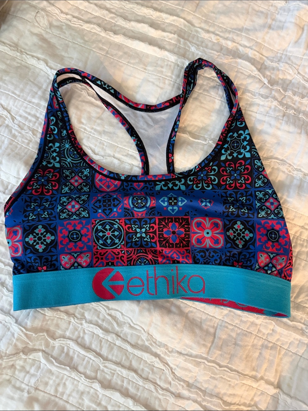 ethika Blue & Pink Patterned Racerback Sports Bra